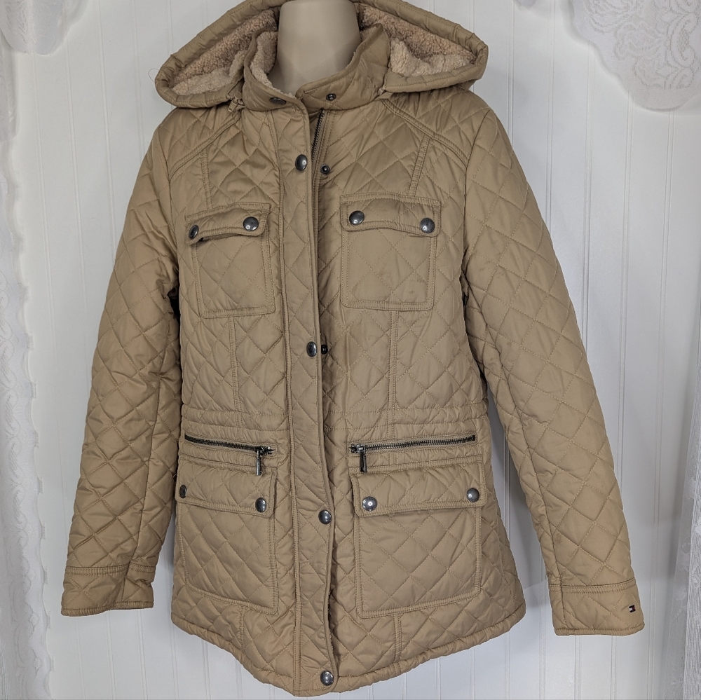 TOMMY HILFIGER Quilted Hooded Cargo Pocket Coat Sz M - Picture 3 of 11